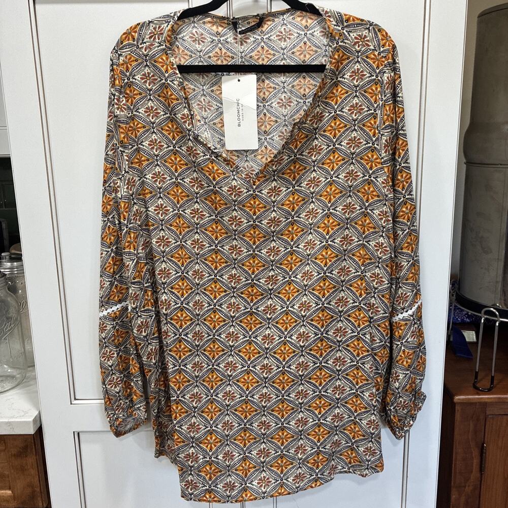 PLUS 2X Print Spliced V-Neck Blouse by BLOOM CHIC Fall Boho Cottage Core